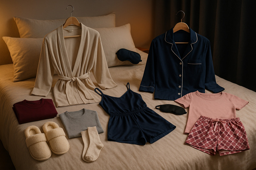 Guarda-roupa cápsula noturno com robe bege, pijama americano azul-marinho, baby doll azul, short xadrez, pantufa, meias e máscara de dormir