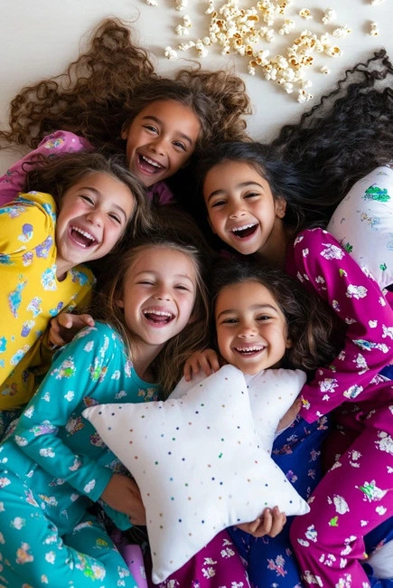 Crianças de pijama deitadas juntas no chão, sorrindo alegremente, com pipocas espalhadas ao redor delas