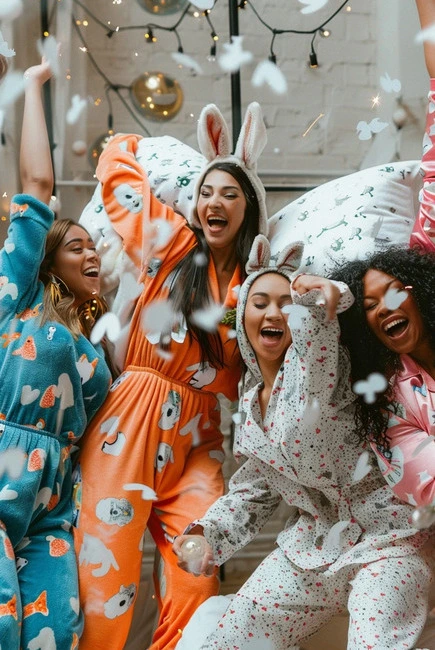 Grupo de mulheres se divertindo em uma festa do pijama, vestindo pijamas estampados e tiaras de orelhas de coelho, com confetes em forma de coração no ar